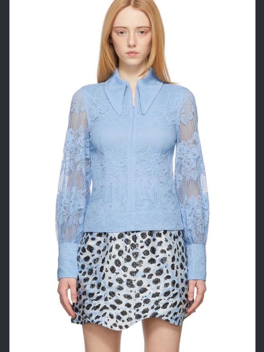 GANNI placid blue lace long collar blouse size 36